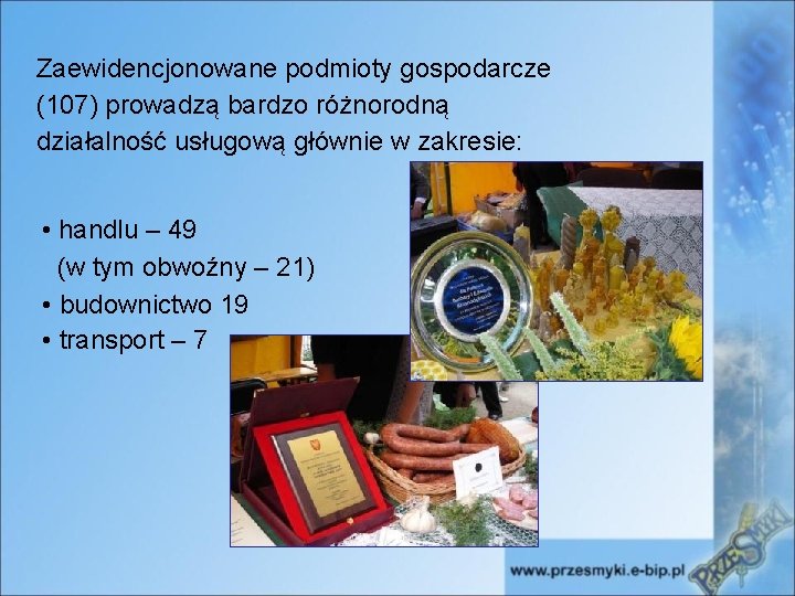 Zaewidencjonowane podmioty gospodarcze (107) prowadzą bardzo różnorodną działalność usługową głównie w zakresie: • handlu