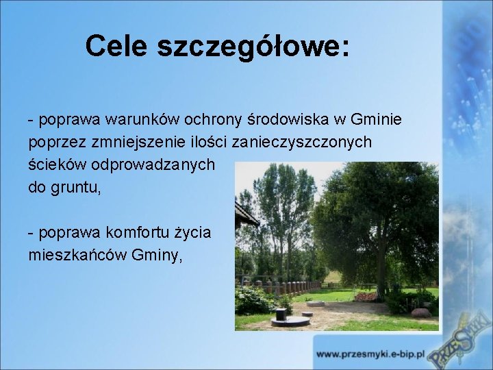 Cele szczegółowe: - poprawa warunków ochrony środowiska w Gminie poprzez zmniejszenie ilości zanieczyszczonych ścieków