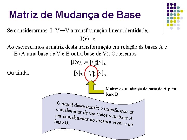 Matriz de Mudança de Base Se considerarmos I: V→V a transformação linear identidade, I(v)=v.