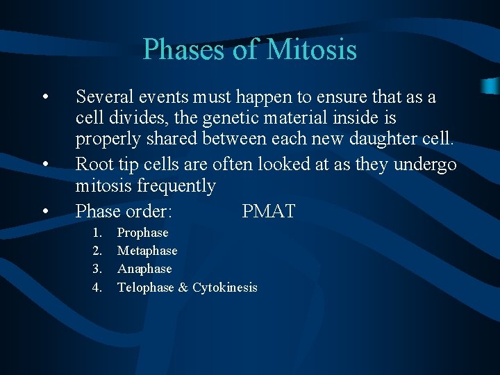 Phases of Mitosis • • • Several events must happen to ensure that as