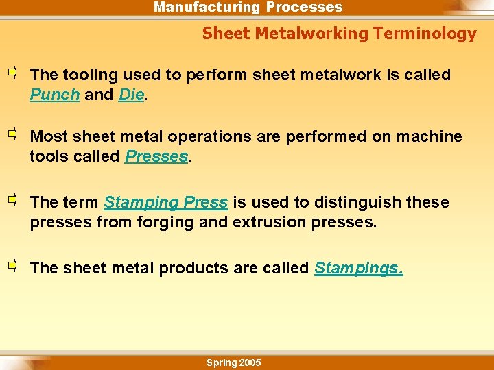 Manufacturing Processes Sheet Metalworking Terminology The tooling used to perform sheet metalwork is called