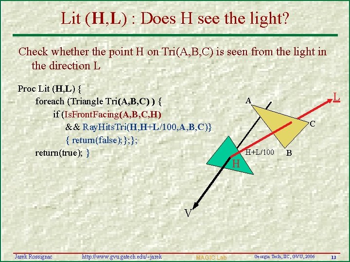 Lit (H, L) : Does H see the light? Check whether the point H