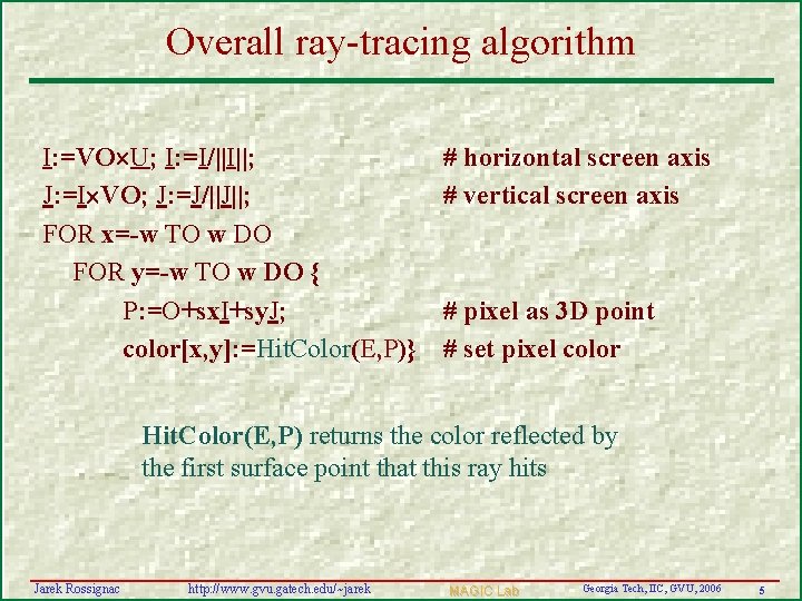 Overall ray-tracing algorithm I: =VO U; I: =I/||I||; J: =I VO; J: =J/||J||; FOR