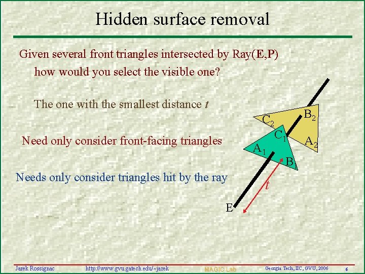 Hidden surface removal Given several front triangles intersected by Ray(E, P) how would you