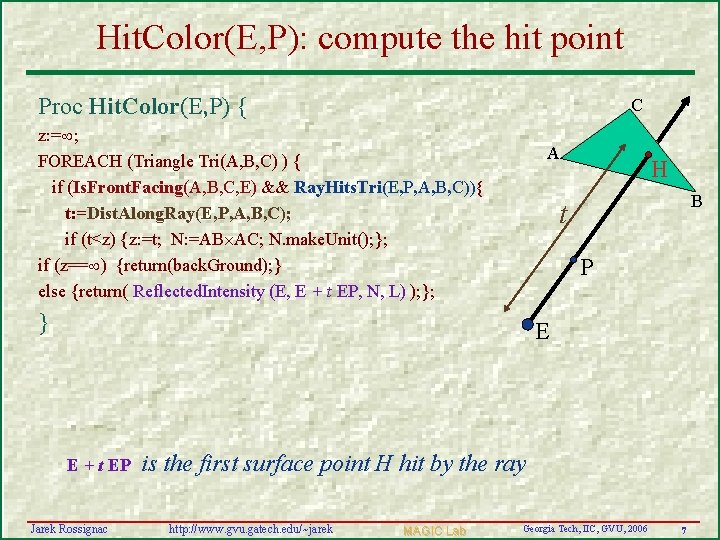 Hit. Color(E, P): compute the hit point Proc Hit. Color(E, P) { C z: