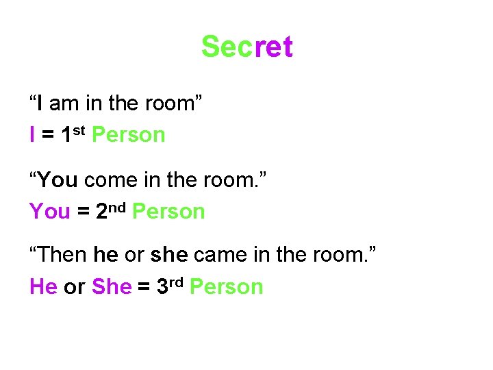Secret “I am in the room” I = 1 st Person “You come in