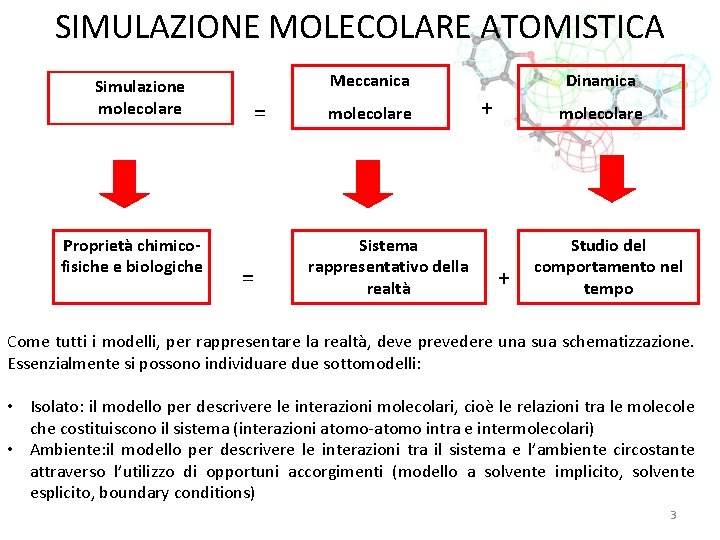 SIMULAZIONE MOLECOLARE ATOMISTICA Simulazione molecolare Proprietà chimicofisiche e biologiche Meccanica = = molecolare Sistema