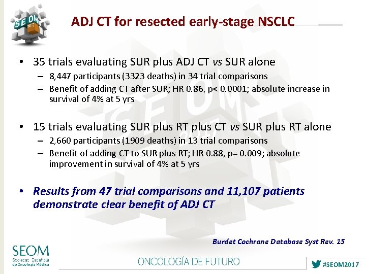 ADJ CT for resected early-stage NSCLC • 35 trials evaluating SUR plus ADJ CT