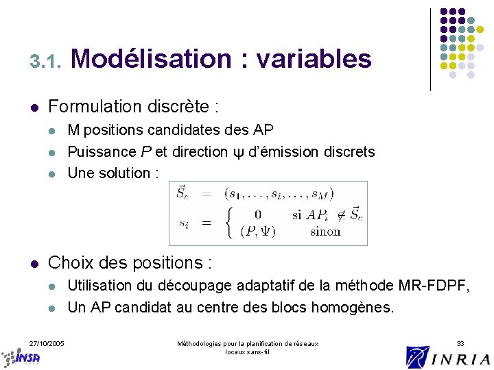 3. 1. l Formulation discrète : l l Modélisation : variables M positions candidates