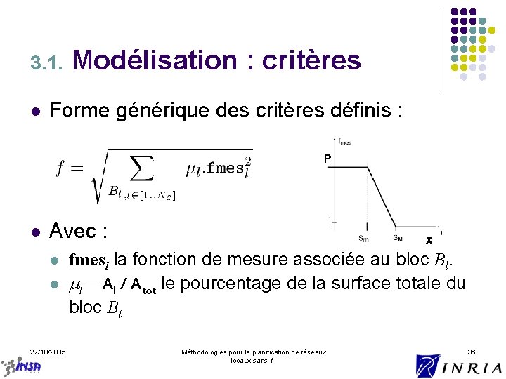 3. 1. l Modélisation : critères Forme générique des critères définis : P l