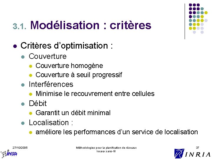 3. 1. l Modélisation : critères Critères d’optimisation : l Couverture l l l