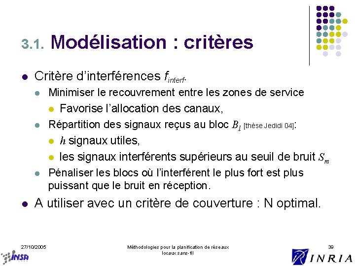 3. 1. l Modélisation : critères Critère d’interférences finterf. l l Minimiser le recouvrement