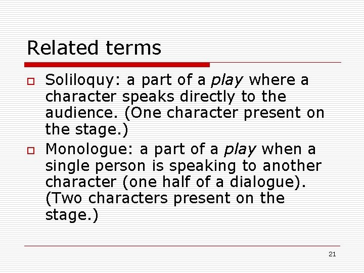 Related terms o o Soliloquy: a part of a play where a character speaks Related terms o o Soliloquy: a part of a play where a character speaks