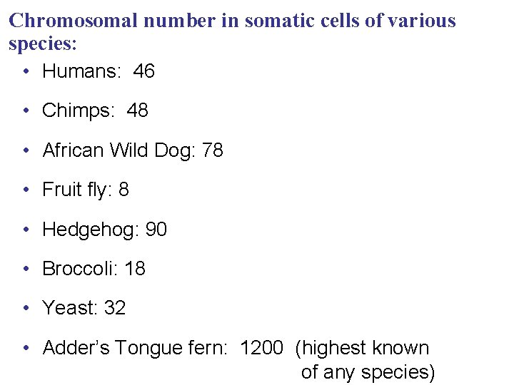 Chromosomal number in somatic cells of various species: • Humans: 46 • Chimps: 48