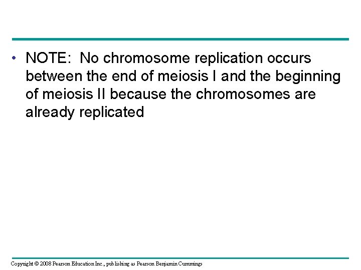  • NOTE: No chromosome replication occurs between the end of meiosis I and