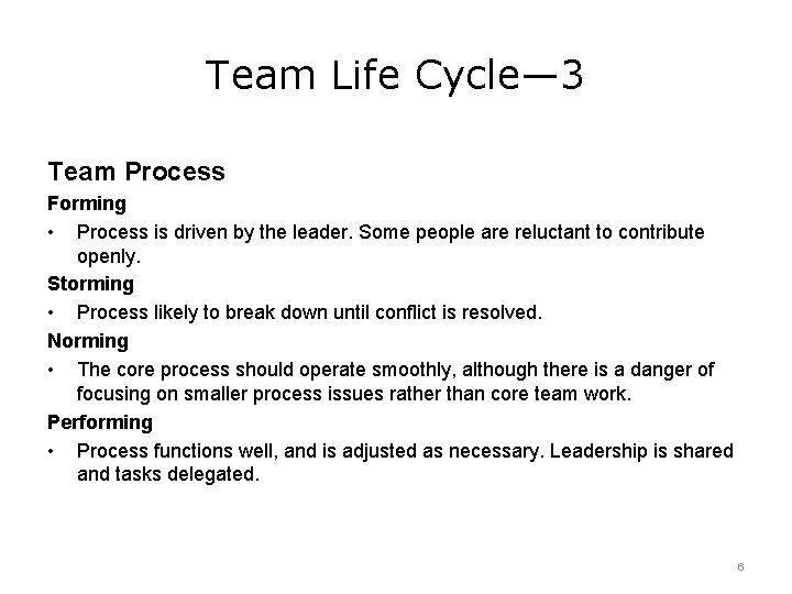 Team Life Cycle— 3 Team Process Forming • Process is driven by the leader.