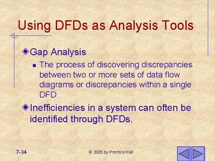 Using DFDs as Analysis Tools Gap Analysis n The process of discovering discrepancies between Using DFDs as Analysis Tools Gap Analysis n The process of discovering discrepancies between