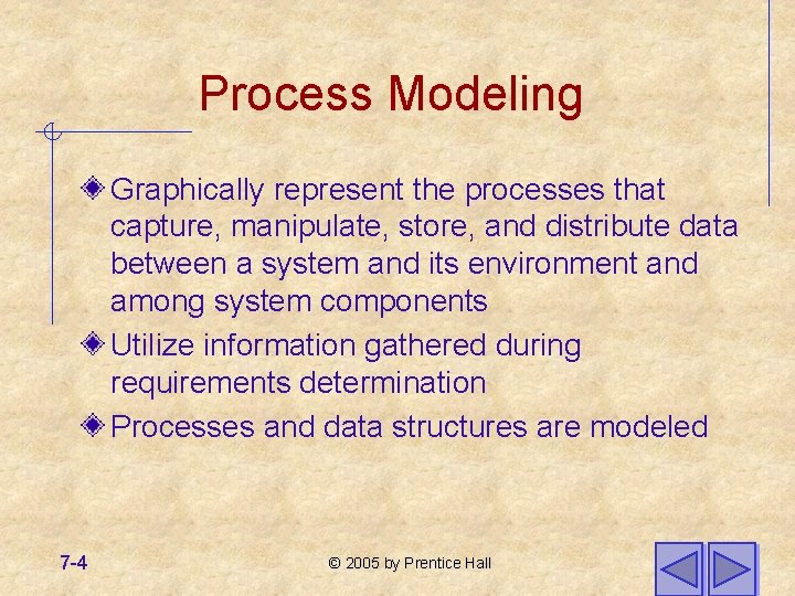 Process Modeling Graphically represent the processes that capture, manipulate, store, and distribute data between Process Modeling Graphically represent the processes that capture, manipulate, store, and distribute data between