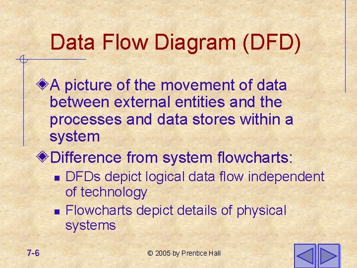 Data Flow Diagram (DFD) A picture of the movement of data between external entities Data Flow Diagram (DFD) A picture of the movement of data between external entities