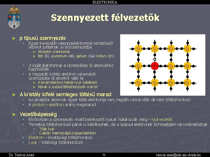 ELEKTRONIKA Szennyezett félvezetők ► p típusú szennyezés § Egyel kevesebb valenciaelektronnal rendelkező atomot juttatnak