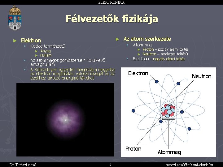 ELEKTRONIKA Félvezetők fizikája ► Elektron ► Az atom szerkezete § Kettős természetű § Atommag