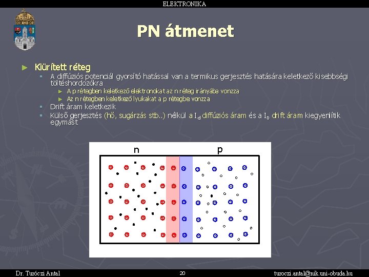 ELEKTRONIKA PN átmenet ► Kiürített réteg § A diffúziós potenciál gyorsító hatással van a