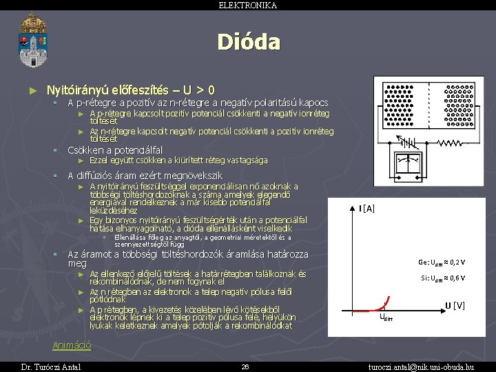 ELEKTRONIKA Dióda ► Nyitóirányú előfeszítés – U > 0 § A p-rétegre a pozitív