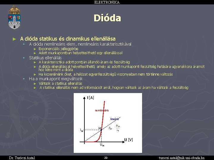 ELEKTRONIKA Dióda ► A dióda statikus és dinamikus ellenállása § A dióda nemlineáris elem,