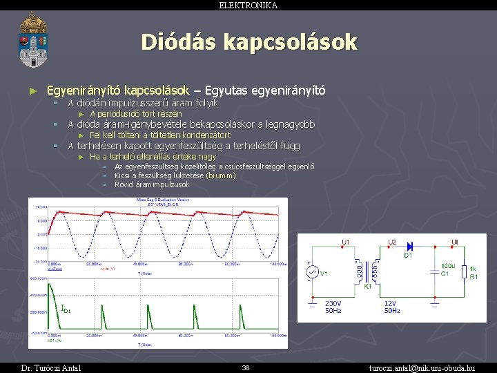 ELEKTRONIKA Diódás kapcsolások ► Egyenirányító kapcsolások – Egyutas egyenirányító § A diódán impulzusszerű áram