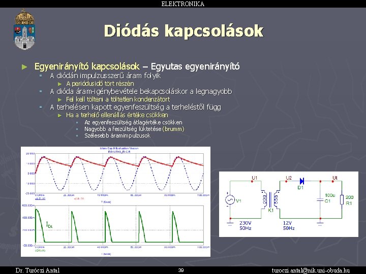 ELEKTRONIKA Diódás kapcsolások ► Egyenirányító kapcsolások – Egyutas egyenirányító § A diódán impulzusszerű áram