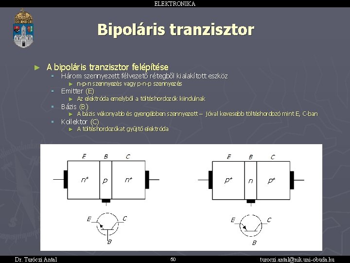 ELEKTRONIKA Bipoláris tranzisztor ► A bipoláris tranzisztor felépítése § Három szennyezett félvezető rétegből kialakított