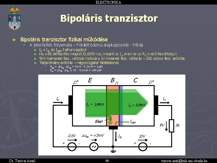 ELEKTRONIKA Bipoláris tranzisztor ► Bipoláris tranzisztor fizikai működése § A jelerősítés folyamata – Földelt