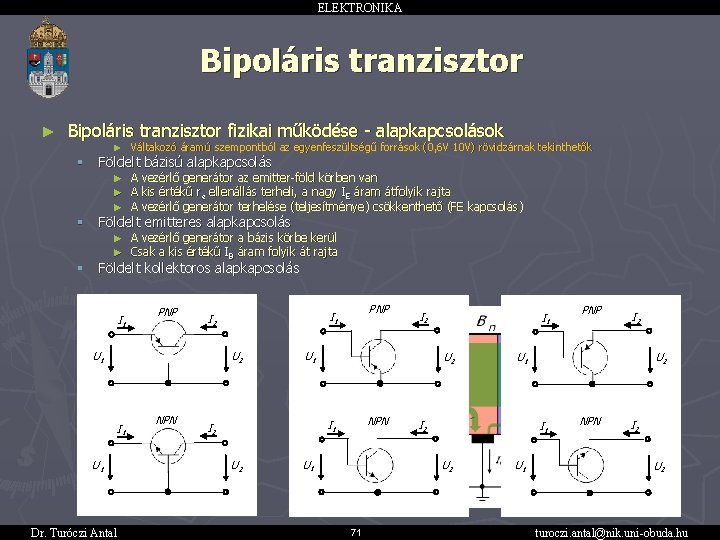 ELEKTRONIKA Bipoláris tranzisztor ► Bipoláris tranzisztor fizikai működése - alapkapcsolások ► Váltakozó áramú szempontból