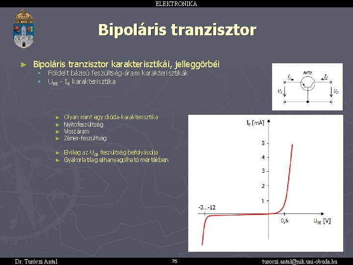 ELEKTRONIKA Bipoláris tranzisztor ► Bipoláris tranzisztor karakterisztikái, jelleggörbéi § § Földelt bázisú feszültség-áram karakterisztikák