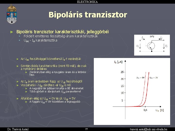 ELEKTRONIKA Bipoláris tranzisztor ► Bipoláris tranzisztor karakterisztikái, jelleggörbéi § § Földelt emitteres feszültség-áram karakterisztikák