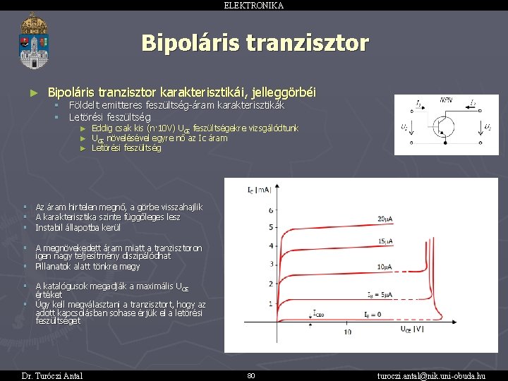 ELEKTRONIKA Bipoláris tranzisztor ► Bipoláris tranzisztor karakterisztikái, jelleggörbéi § § Földelt emitteres feszültség-áram karakterisztikák