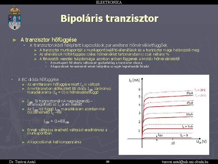 ELEKTRONIKA Bipoláris tranzisztor ► A tranzisztor hőfüggése § § A tranzisztorokból felépített kapcsolások paraméterei