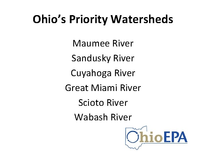 Ohio’s Priority Watersheds Maumee River Sandusky River Cuyahoga River Great Miami River Scioto River