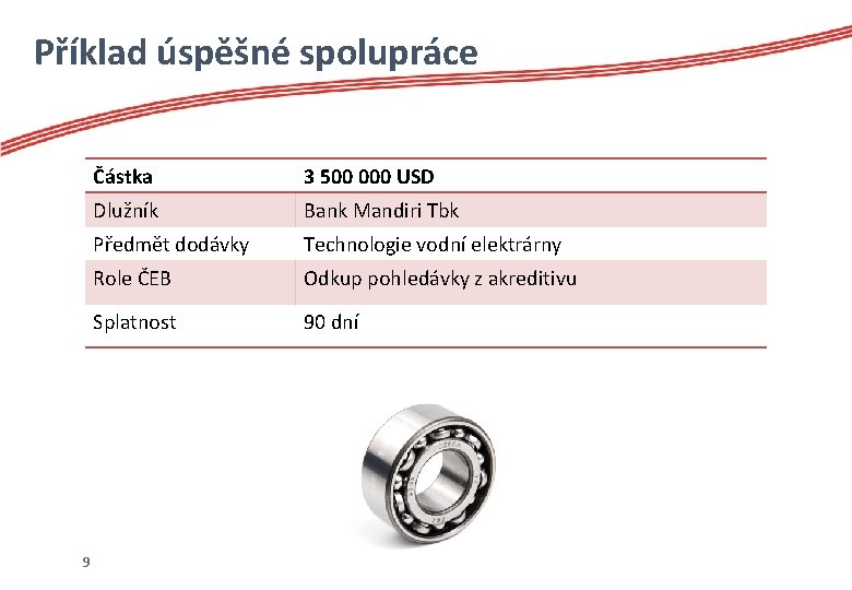 Příklad úspěšné spolupráce 9 Částka 3 500 000 USD Dlužník Bank Mandiri Tbk Předmět