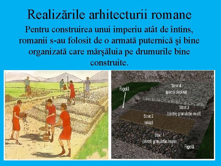 Realizările arhitecturii romane Pentru construirea unui imperiu atât de întins, romanii s-au folosit de