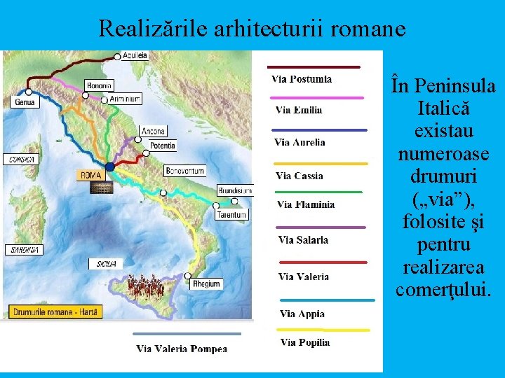 Realizările arhitecturii romane În Peninsula Italică existau numeroase drumuri („via”), folosite şi pentru realizarea