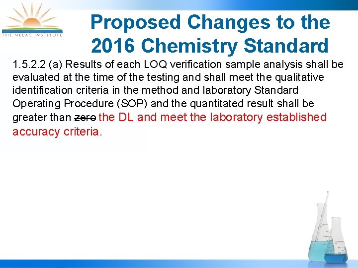 Proposed Changes to the 2016 Chemistry Standard 1. 5. 2. 2 (a) Results of