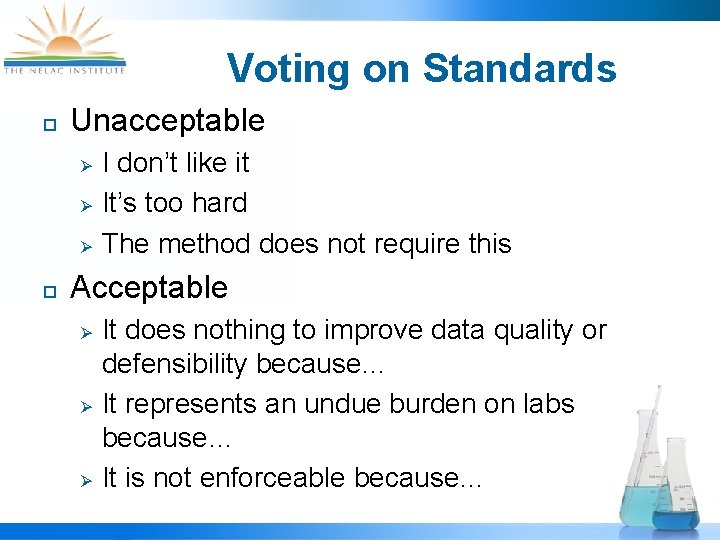 Voting on Standards ¨ Unacceptable Ø Ø Ø ¨ I don’t like it It’s