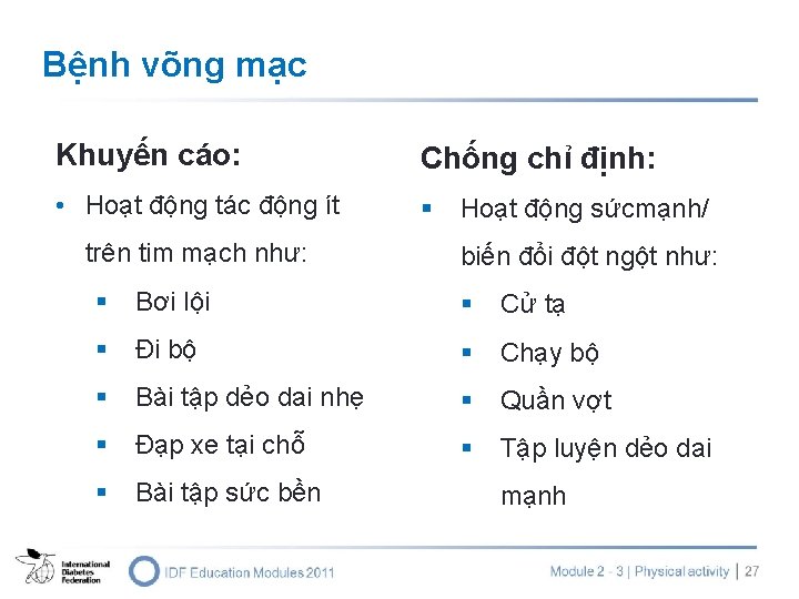 Bệnh võng mạc Khuyến cáo: Chống chỉ định: • Hoạt động tác động ít