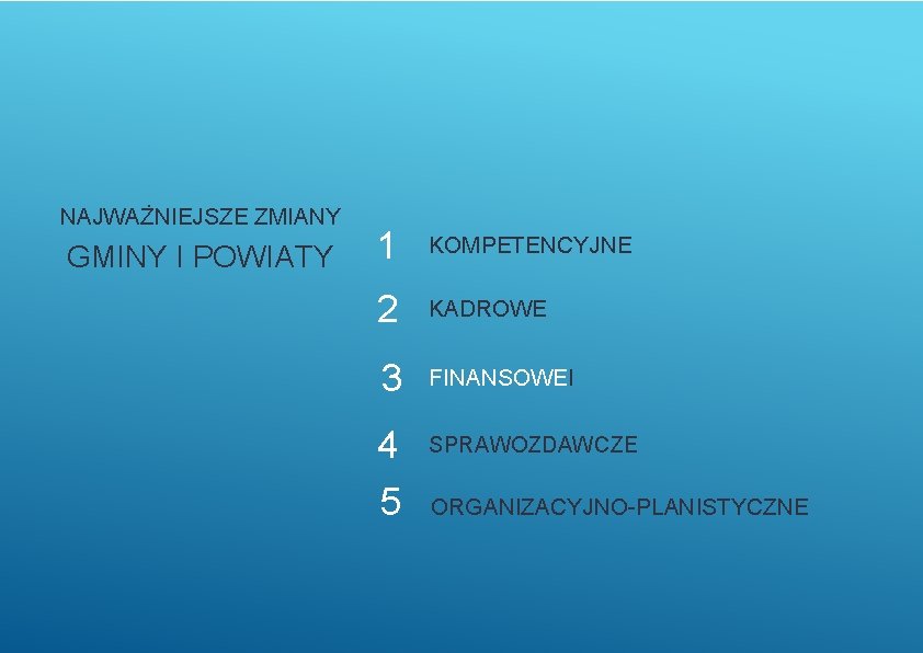 NAJWAŻNIEJSZE ZMIANY GMINY I POWIATY 1 KOMPETENCYJNE 2 KADROWE 3 FINANSOWEI 4 SPRAWOZDAWCZE 5