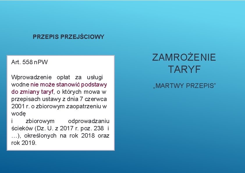 PRZEPIS PRZEJŚCIOWY Art. 558 n. PW Wprowadzenie opłat za usługi wodne nie może stanowić