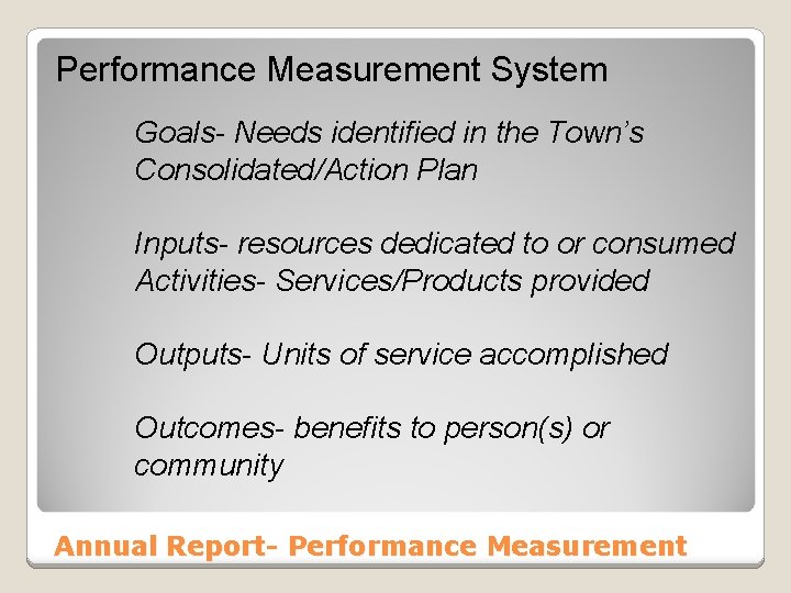 Performance Measurement System Goals- Needs identified in the Town’s Consolidated/Action Plan Inputs- resources dedicated