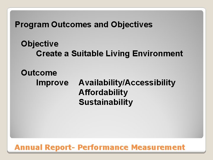 Program Outcomes and Objectives Objective Create a Suitable Living Environment Outcome Improve Availability/Accessibility Affordability