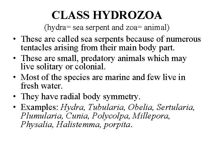CLASS HYDROZOA (hydra= sea serpent and zoa= animal) • These are called sea serpents CLASS HYDROZOA (hydra= sea serpent and zoa= animal) • These are called sea serpents