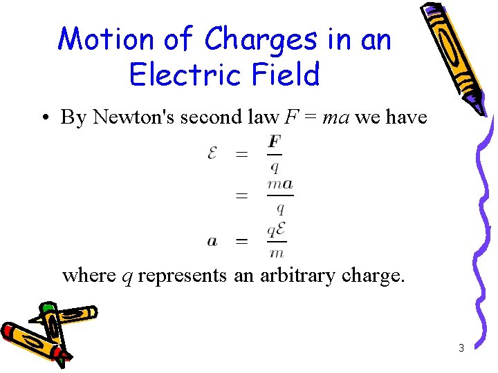 Motion of Charges in an Electric Field • By Newton's second law F =